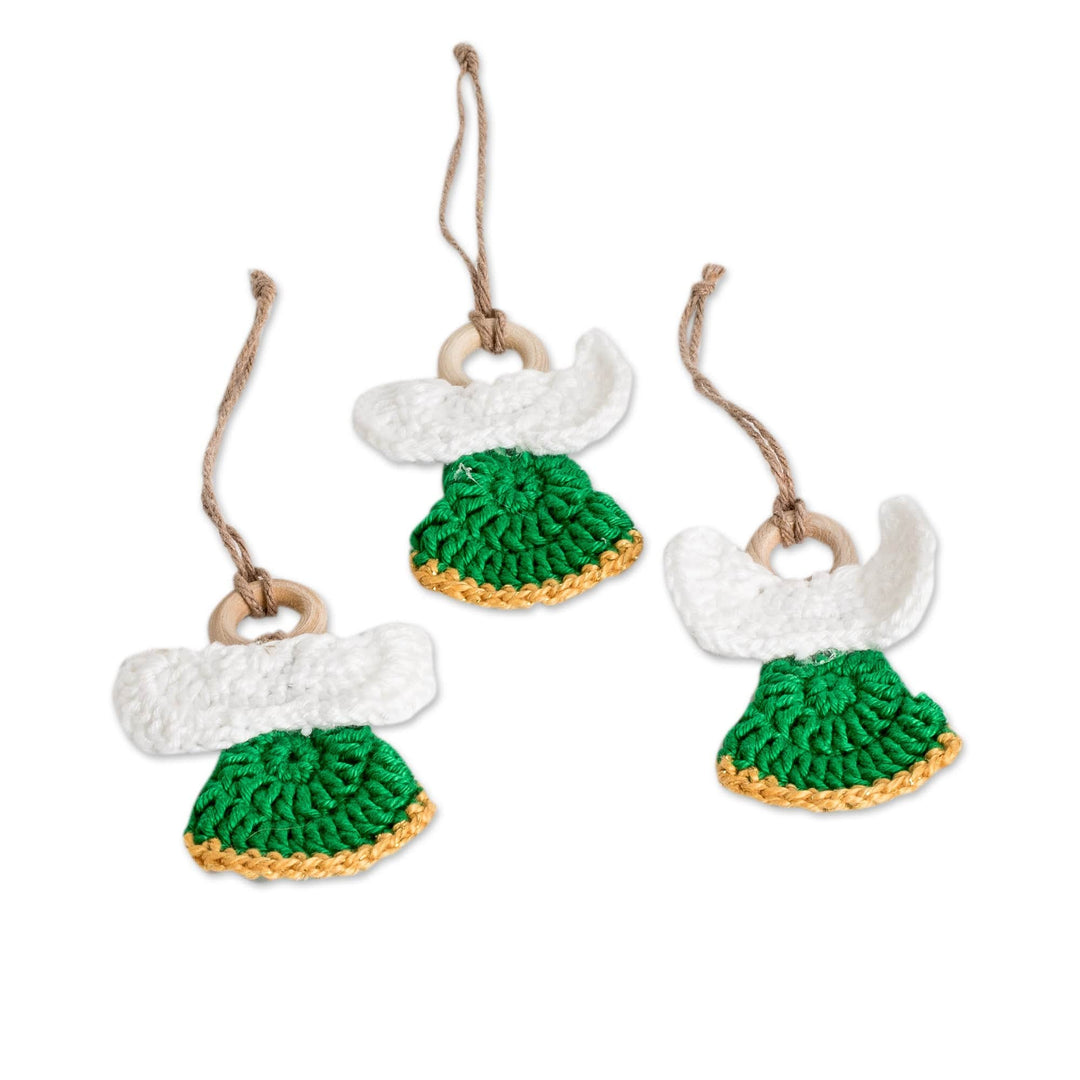 Set of 3 Handcrafted Green Cotton and Wood Angel Ornaments - Harmonious Creation