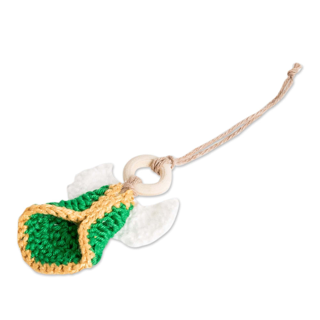 Set of 3 Handcrafted Green Cotton and Wood Angel Ornaments - Harmonious Creation