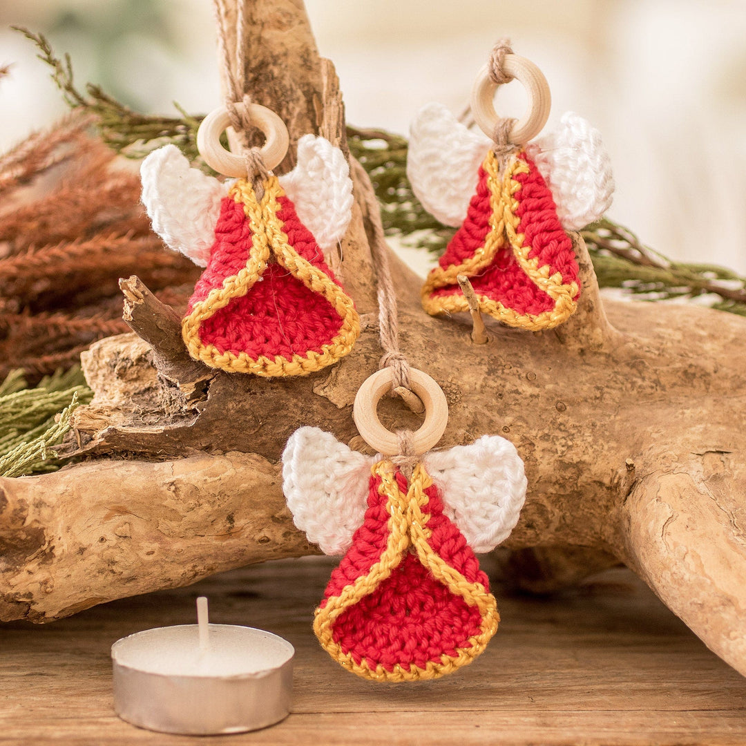 Set of 3 Handcrafted Red Cotton and Wood Angel Ornaments - Lovely Creation