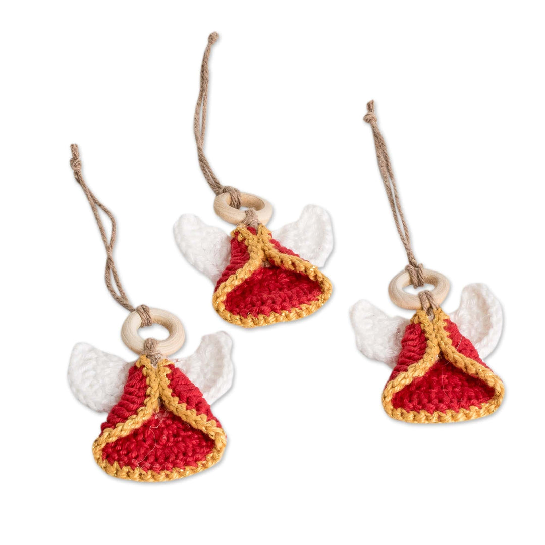 Set of 3 Handcrafted Red Cotton and Wood Angel Ornaments - Lovely Creation