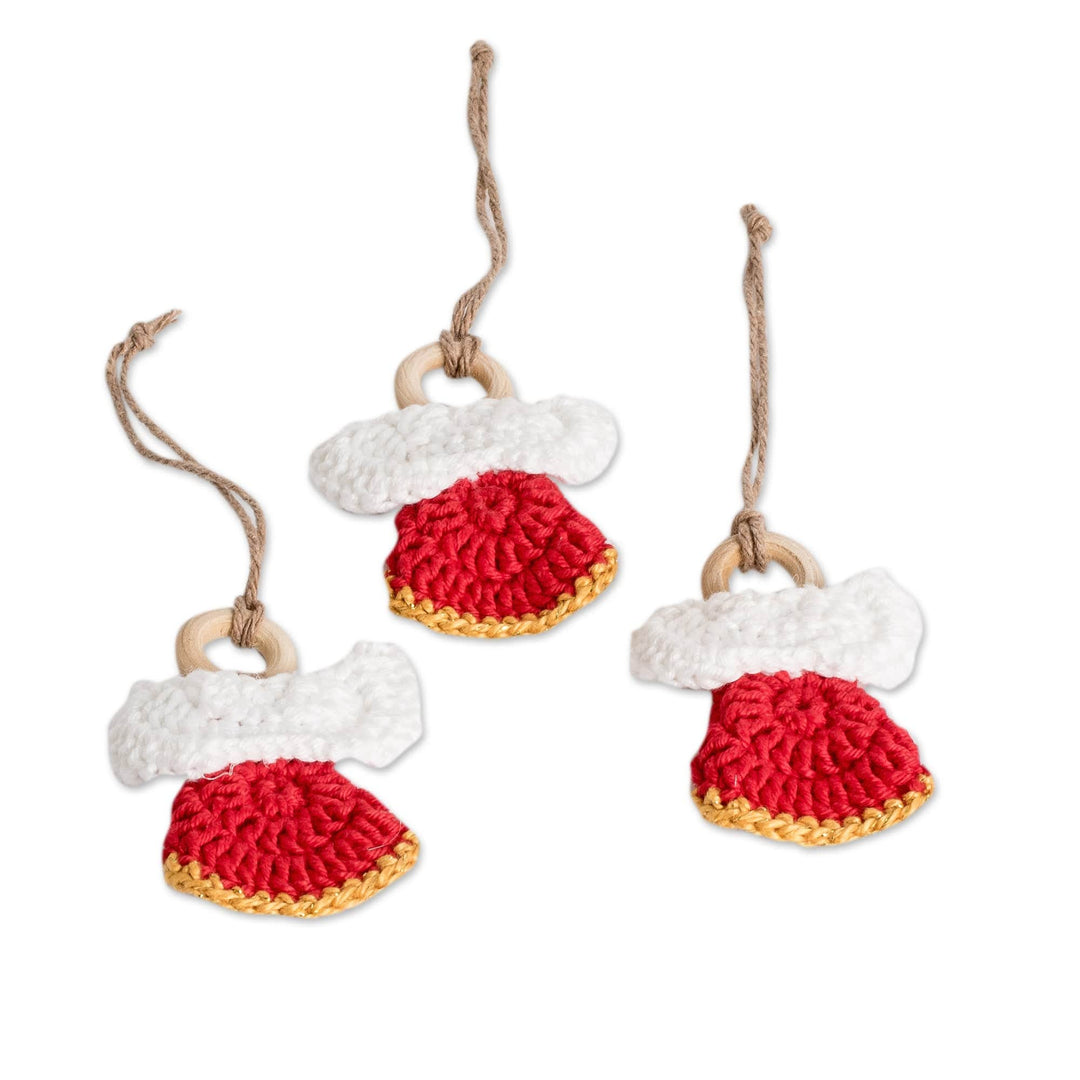 Set of 3 Handcrafted Red Cotton and Wood Angel Ornaments - Lovely Creation