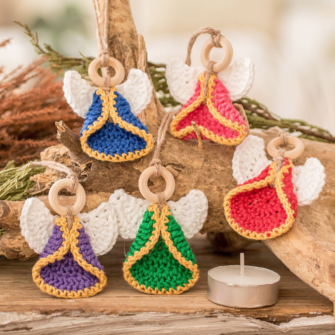 Set of 5 Handmade Colorful Cotton and Wood Angel Ornaments - Great Hope