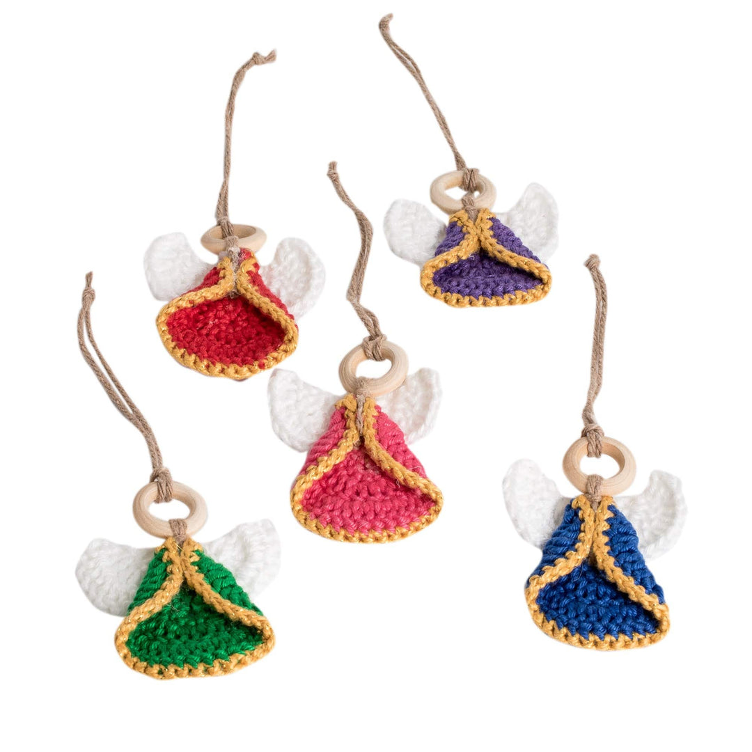 Set of 5 Handmade Colorful Cotton and Wood Angel Ornaments - Great Hope