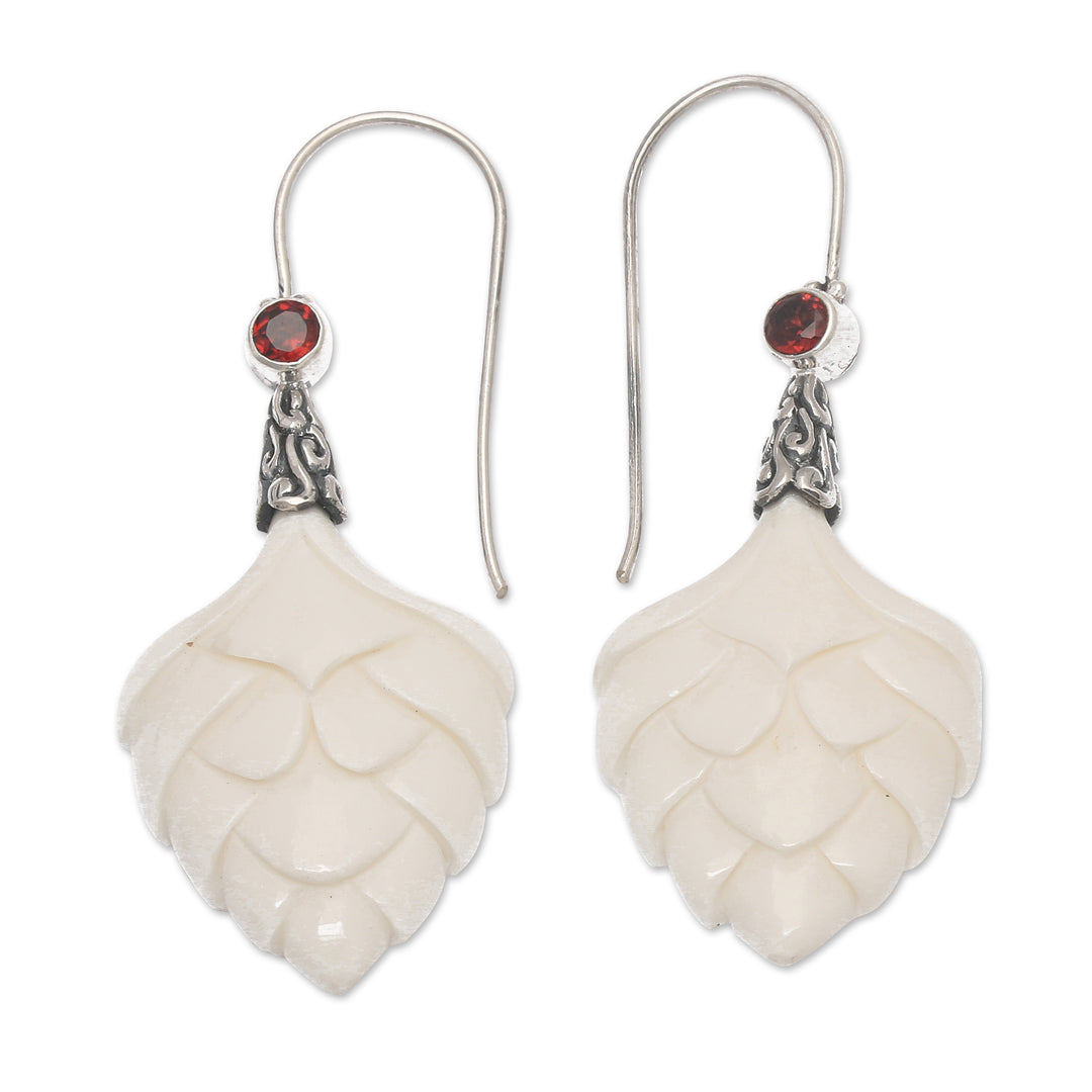 Lotus Sterling Silver and Natural Round Garnet Drop Earrings - Bud of Passion