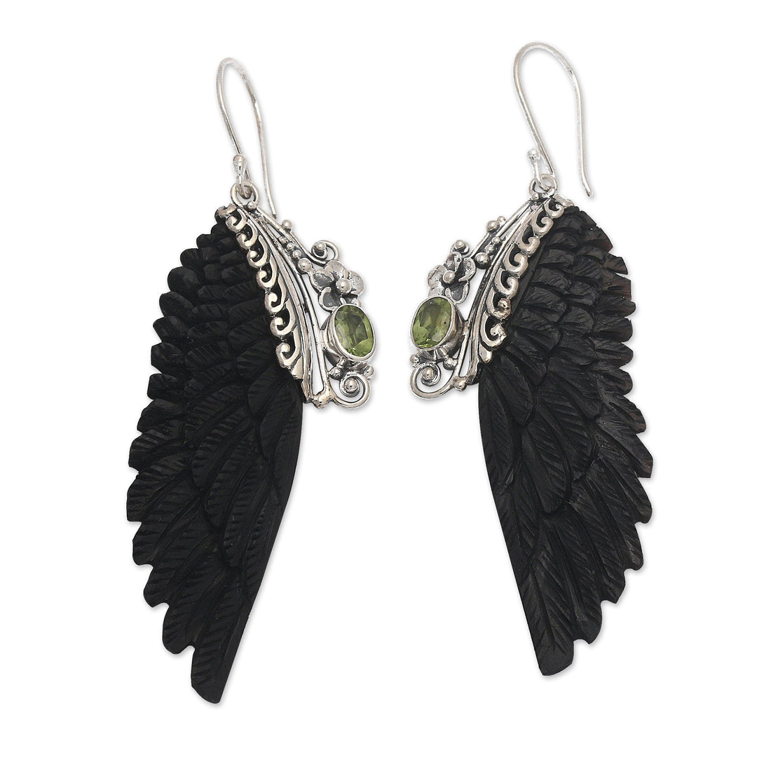 Black Wing-Shaped Natural Oval Peridot Dangle Earrings - Fortune Feathers at Night