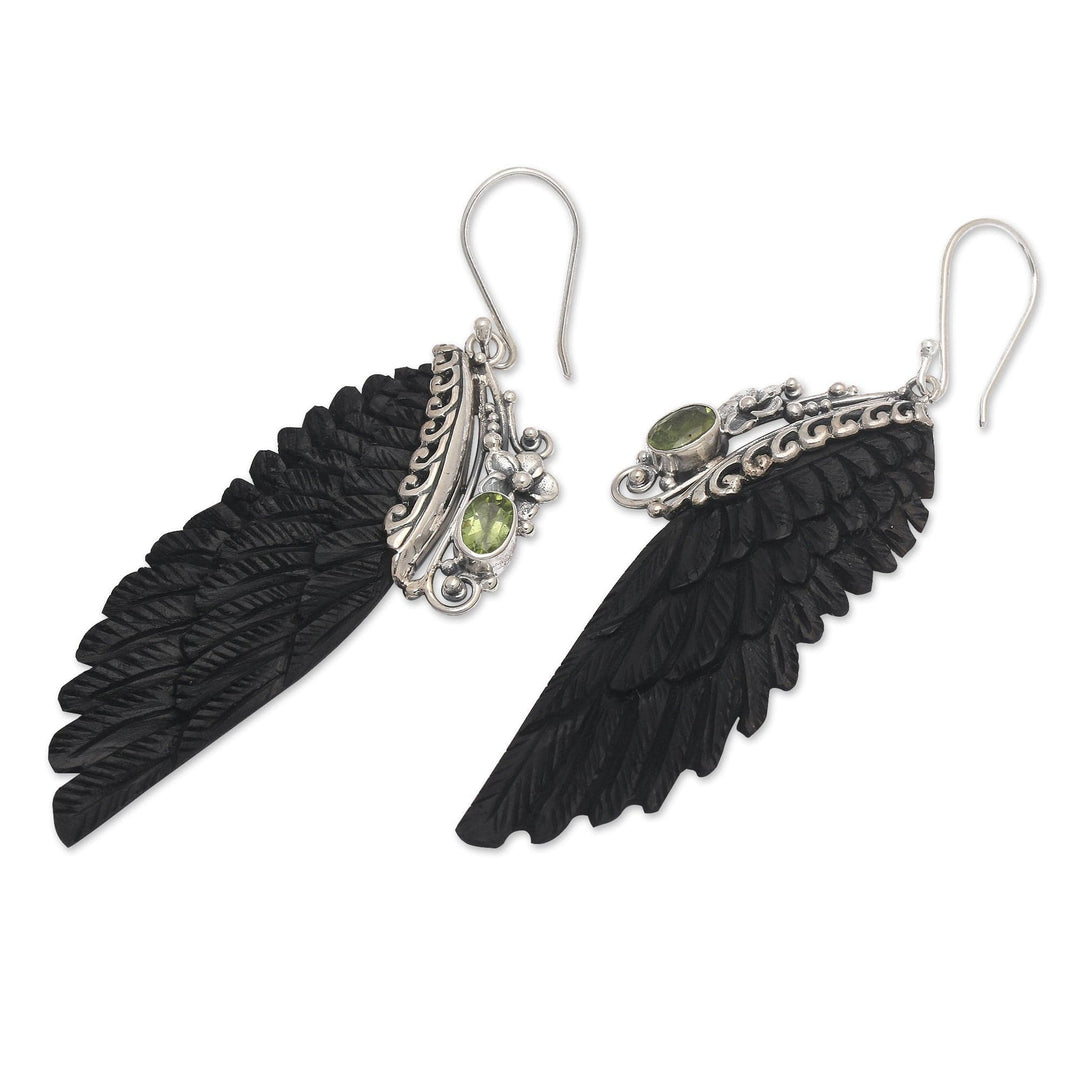 Black Wing-Shaped Natural Oval Peridot Dangle Earrings - Fortune Feathers at Night