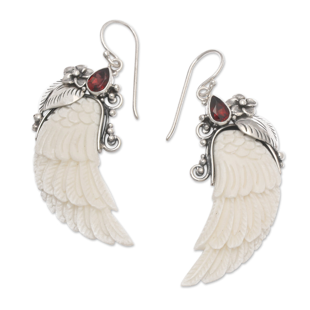Wing-Shaped Natural Garnet Dangle Earrings from Bali - Flight in the Passionate Eden