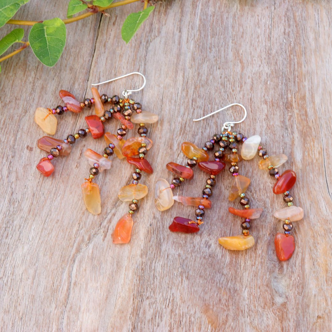 Orange-Toned Carnelian and Glass Beaded Waterfall Earrings - Courageous Jewels