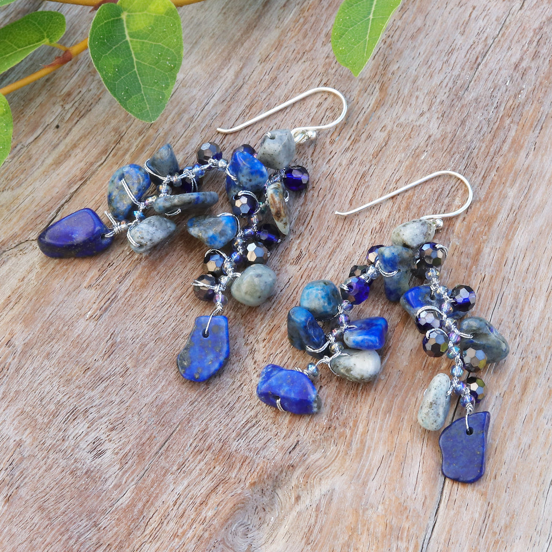 Blue-Toned Lapis Lazuli and Glass Beaded Waterfall Earrings - True Jewels