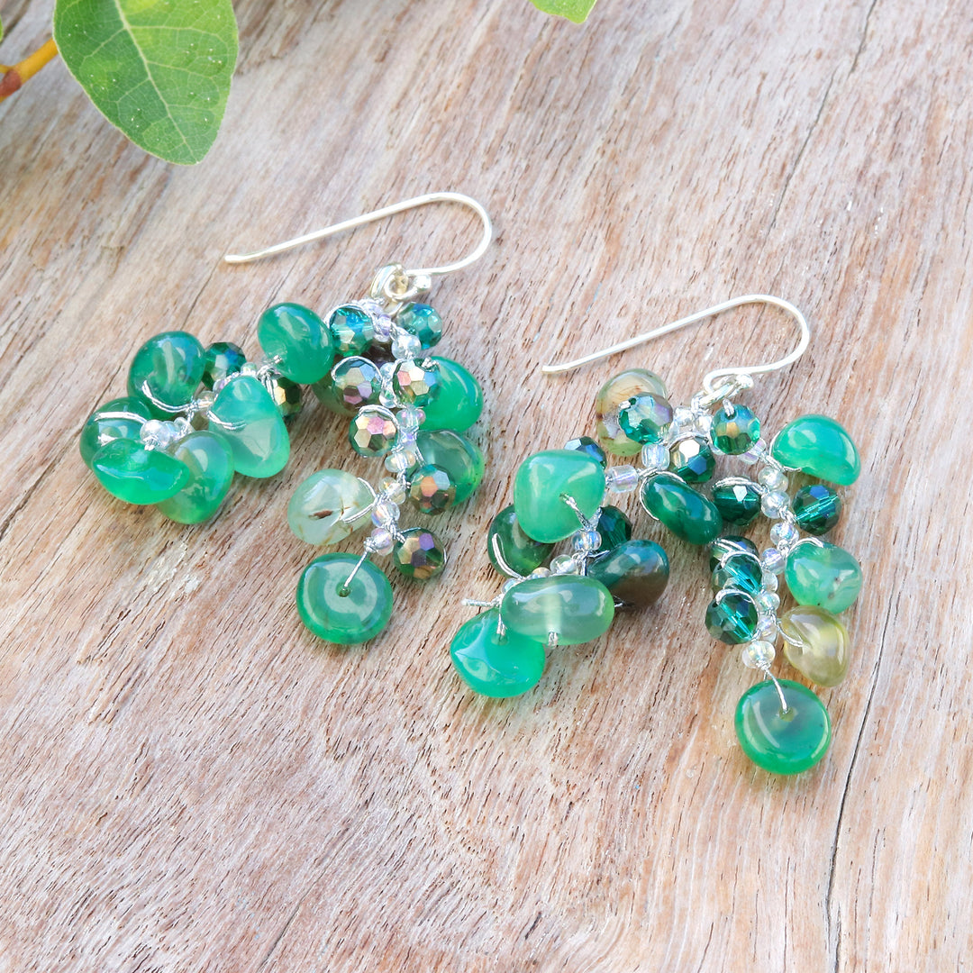 Green-Toned Chalcedony and Glass Beaded Waterfall Earrings - Thoughtful Jewels
