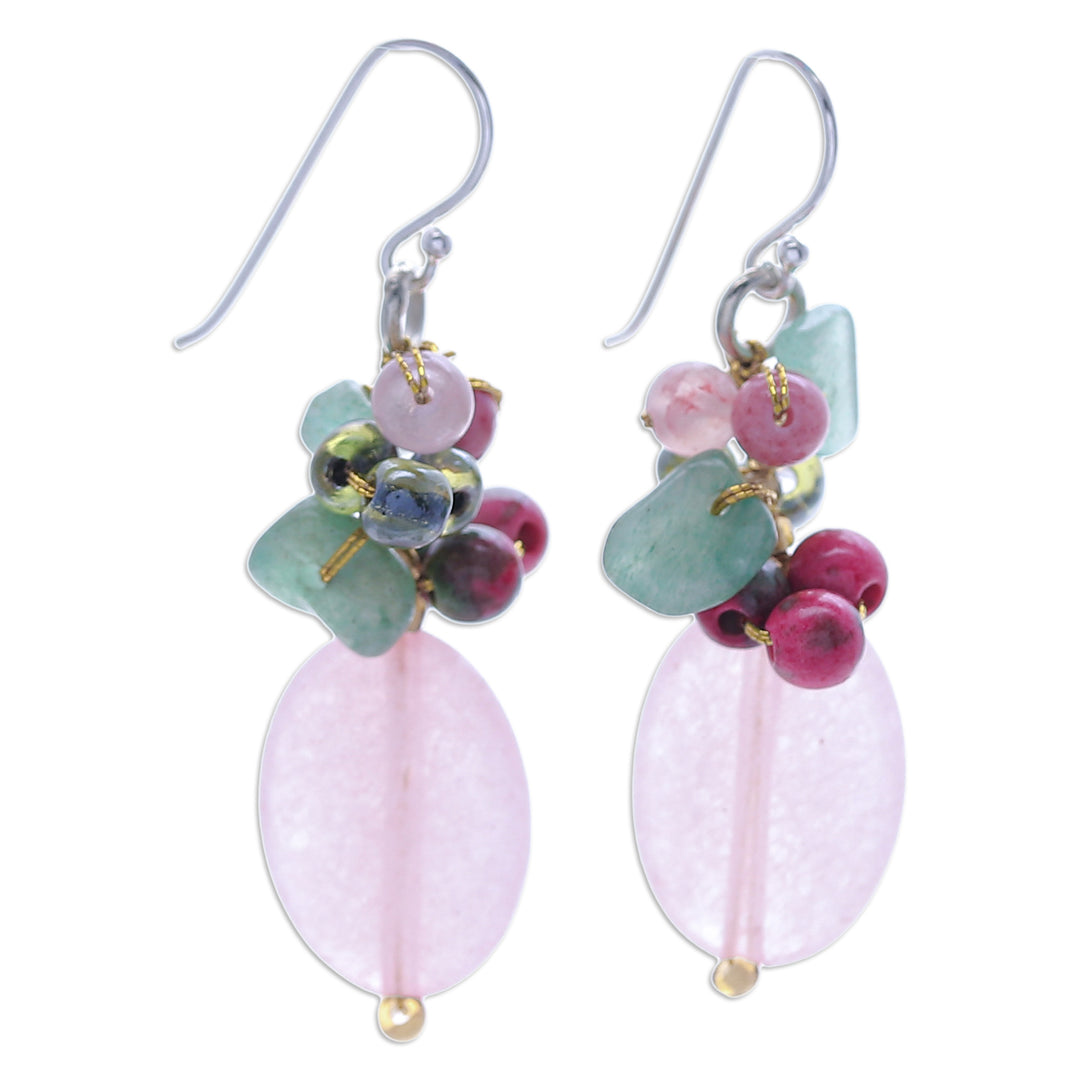 Quartz Aventurine Glass and Resin Beaded Cluster Earrings - Pink and Green Chic