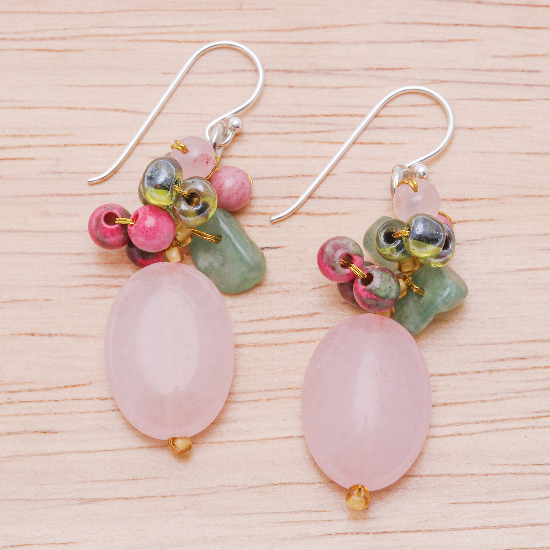 Quartz Aventurine Glass and Resin Beaded Cluster Earrings - Pink and Green Chic