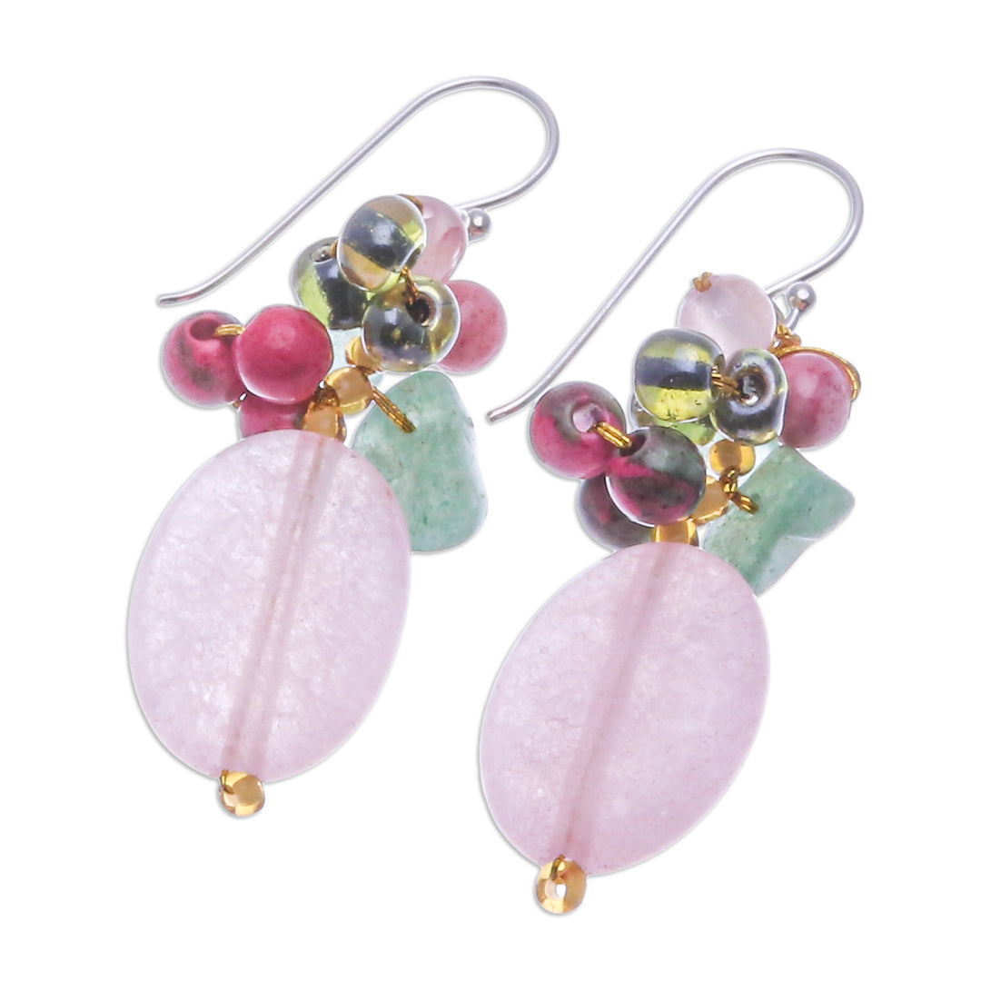 Quartz Aventurine Glass and Resin Beaded Cluster Earrings - Pink and Green Chic