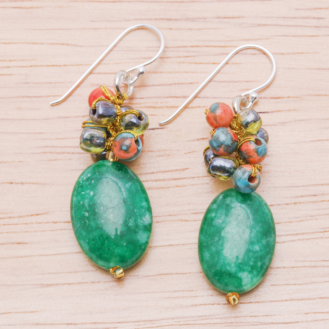 Green Quartz Glass and Resin Beaded Cluster Earrings - Glamorous Green