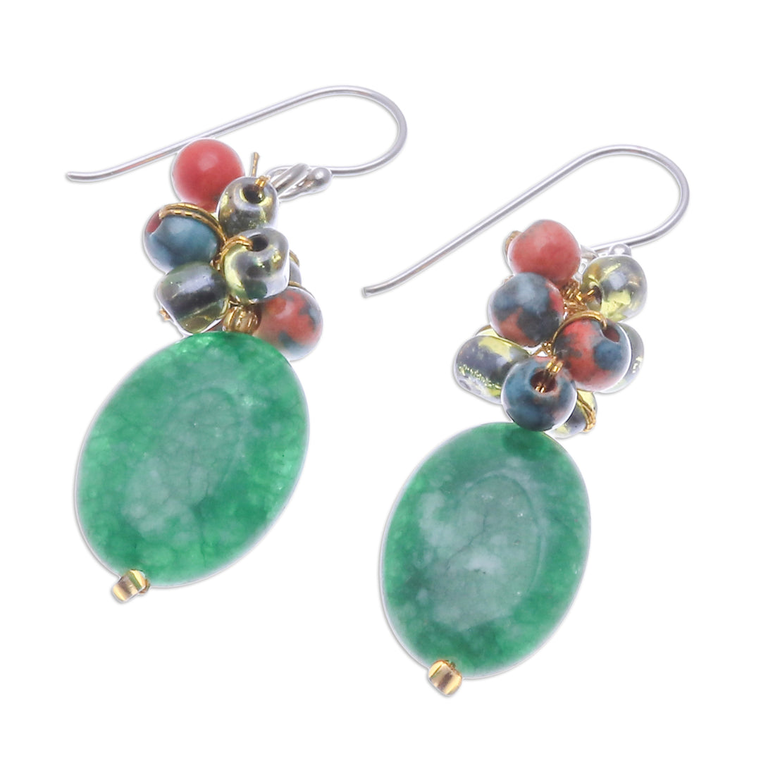 Green Quartz Glass and Resin Beaded Cluster Earrings - Glamorous Green