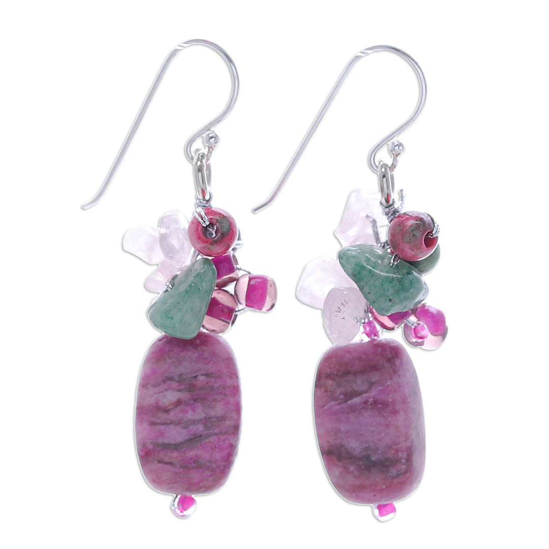 Rhodonite Quartz Glass and Resin Beaded Cluster Earrings - Marvelous Magenta