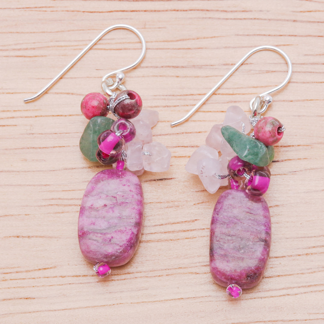 Rhodonite Quartz Glass and Resin Beaded Cluster Earrings - Marvelous Magenta