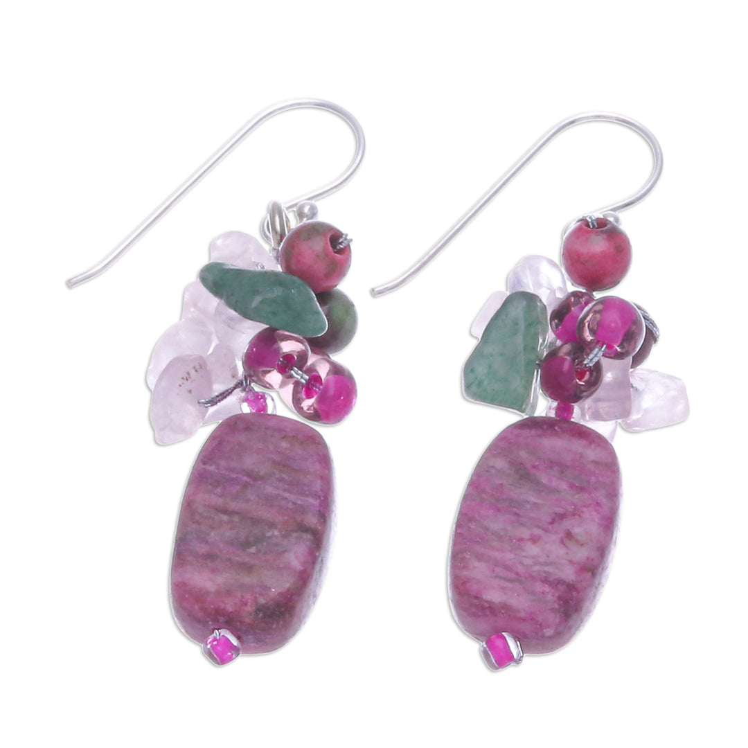 Rhodonite Quartz Glass and Resin Beaded Cluster Earrings - Marvelous Magenta