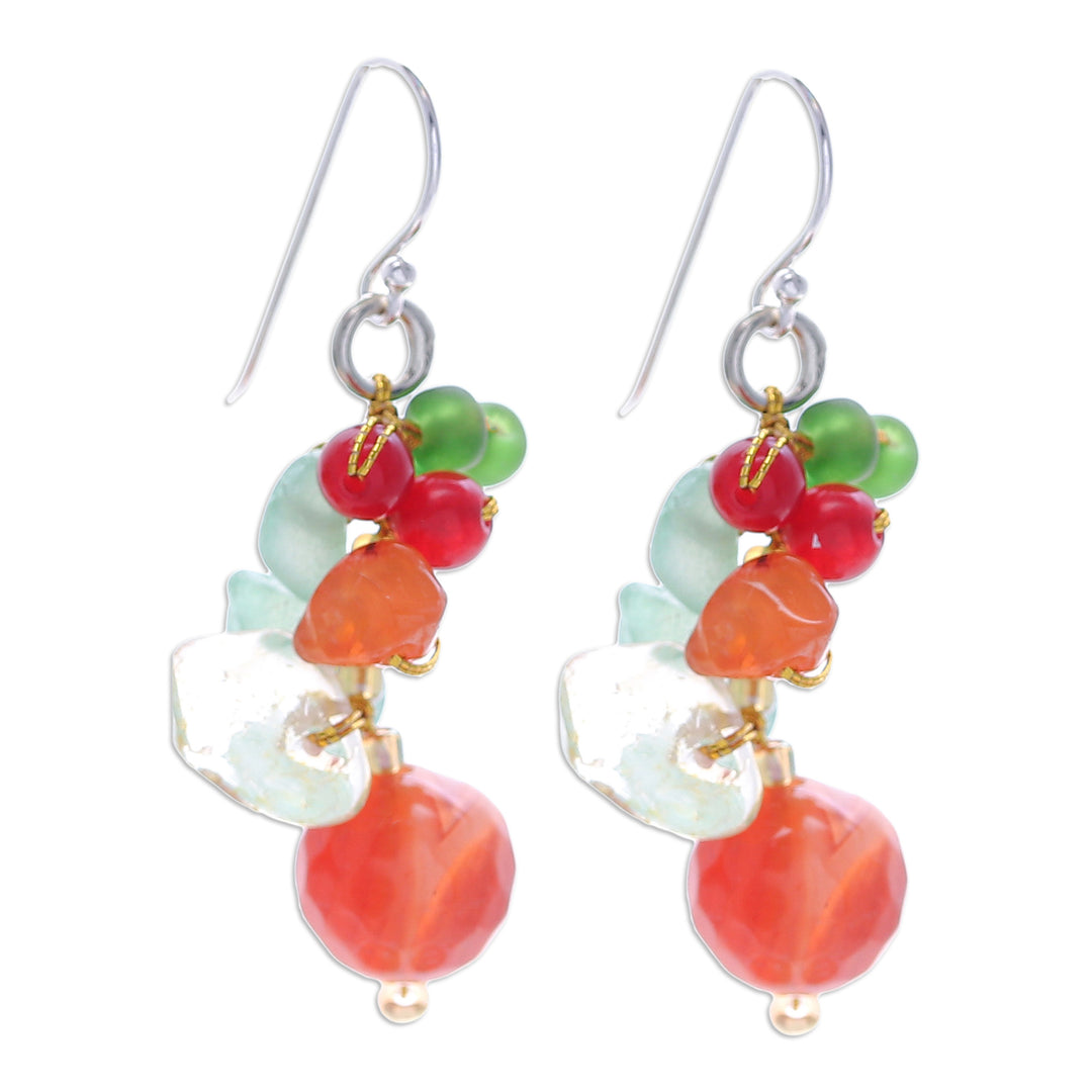 Chalcedony Citrine Quartz and Glass Beaded Cluster Earrings - Orange and Green Glam