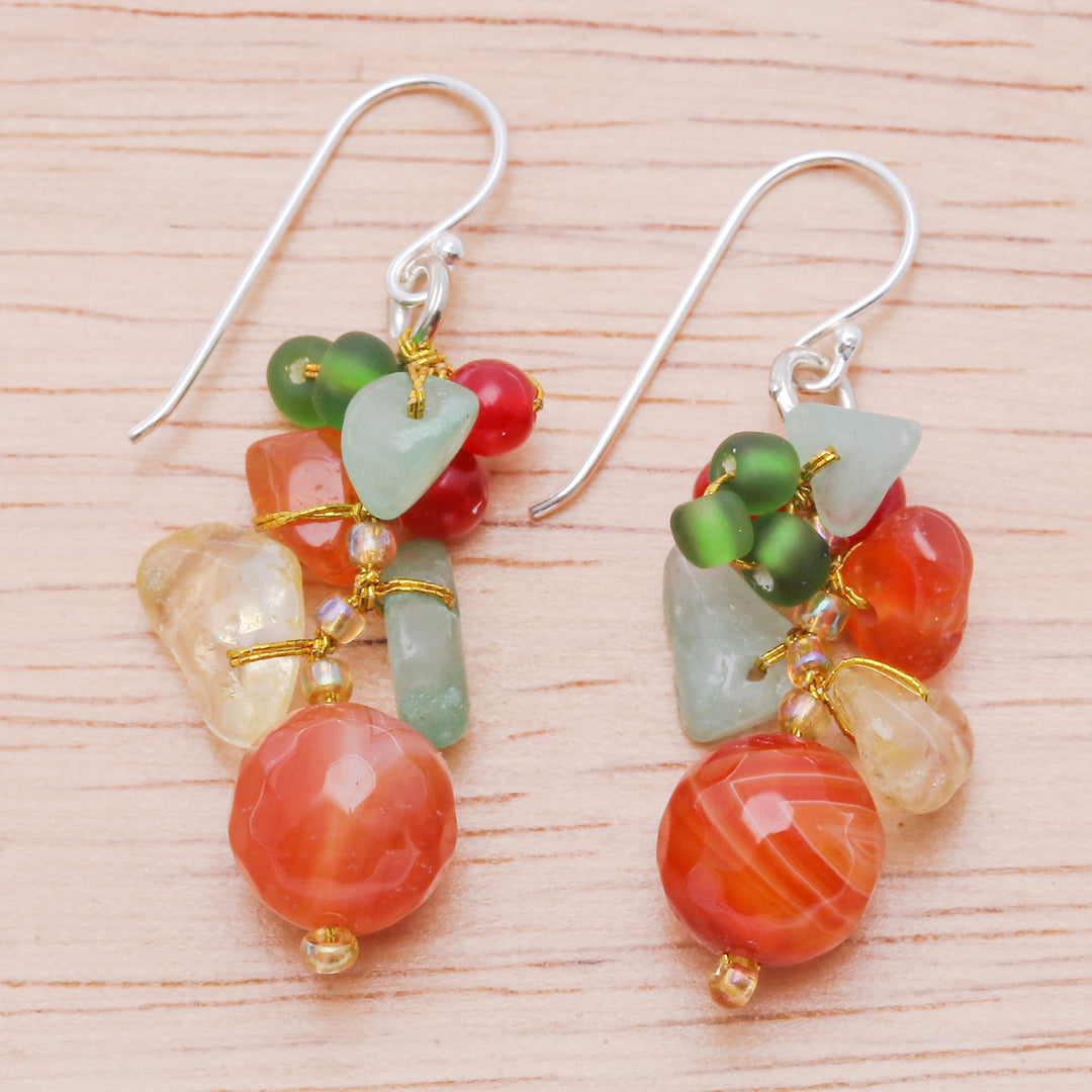 Chalcedony Citrine Quartz and Glass Beaded Cluster Earrings - Orange and Green Glam