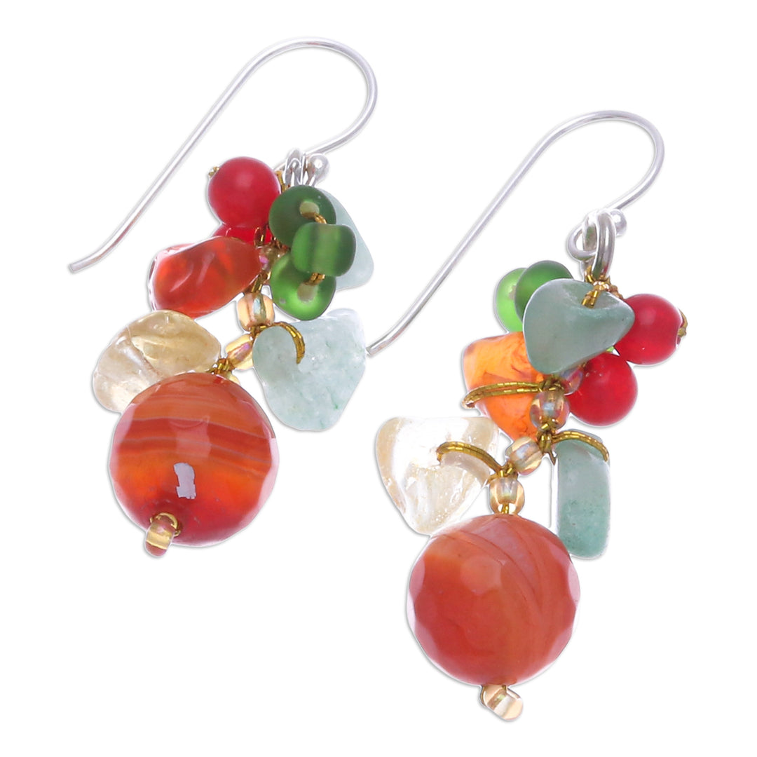 Chalcedony Citrine Quartz and Glass Beaded Cluster Earrings - Orange and Green Glam