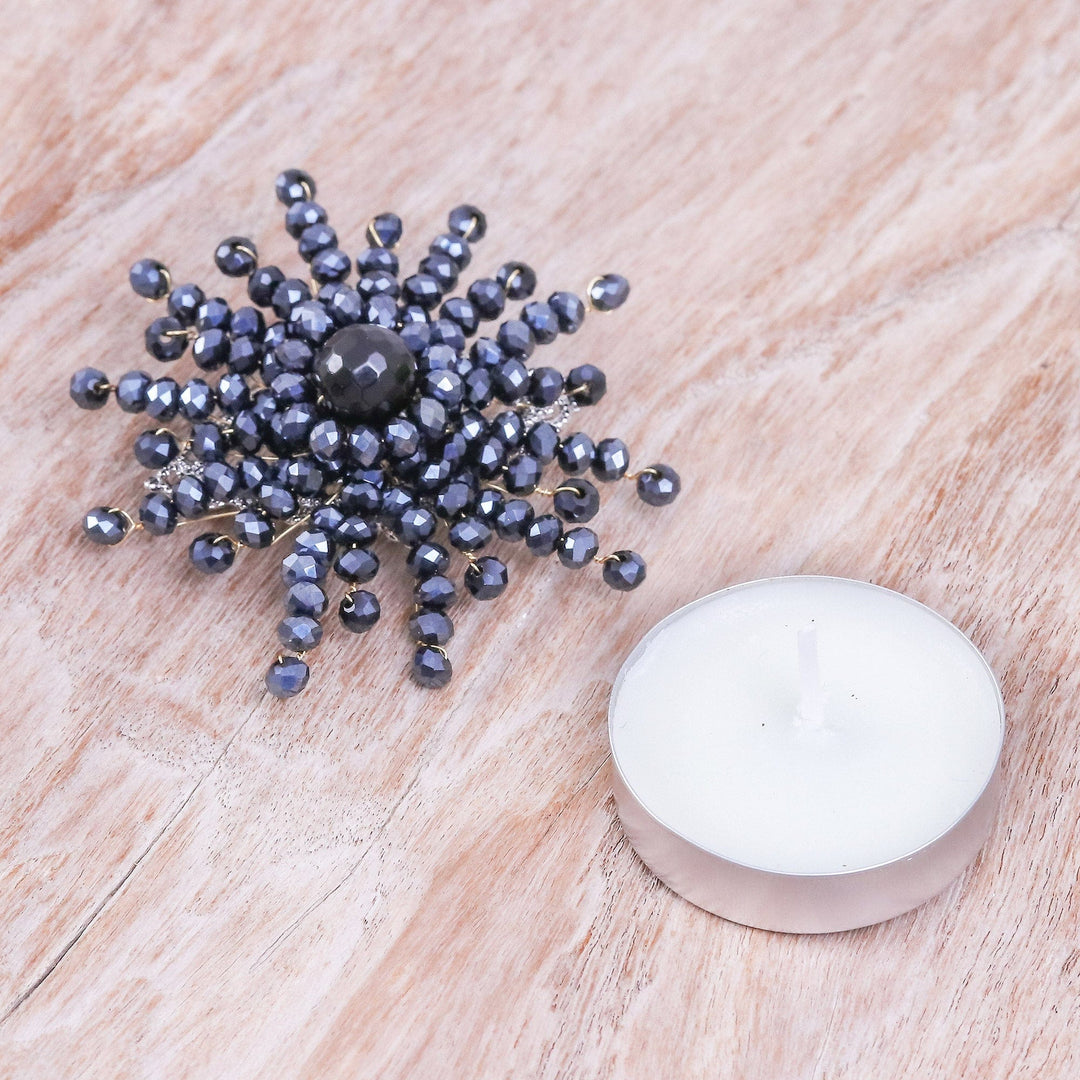Star-Shaped Black Chalcedony and Glass Beaded Brooch - The Dark Starlight