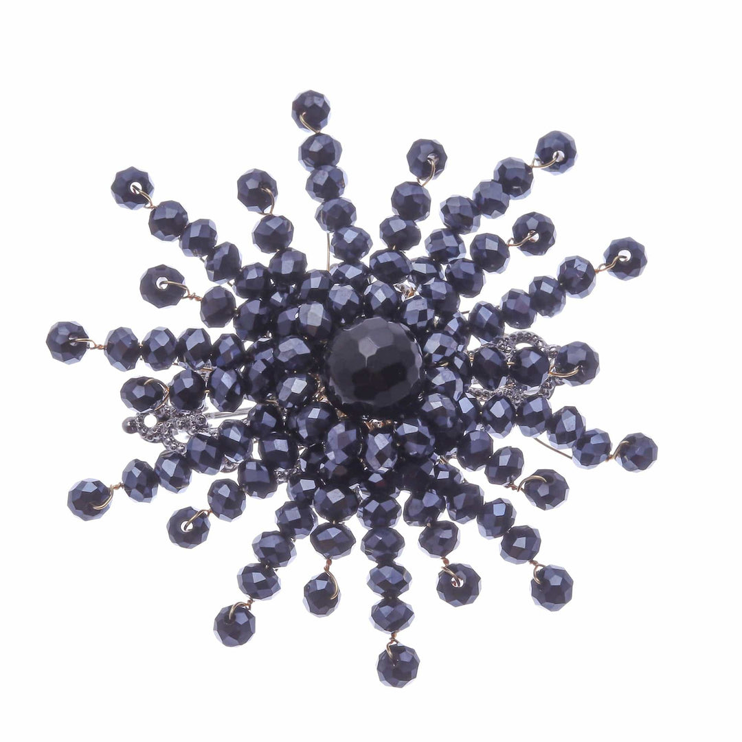 Star-Shaped Black Chalcedony and Glass Beaded Brooch - The Dark Starlight