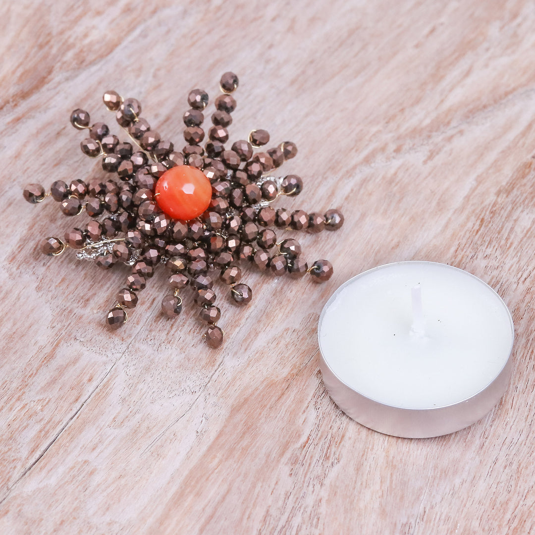 Star-Shaped Orange Chalcedony and Glass Beaded Brooch - The Evening Starlight