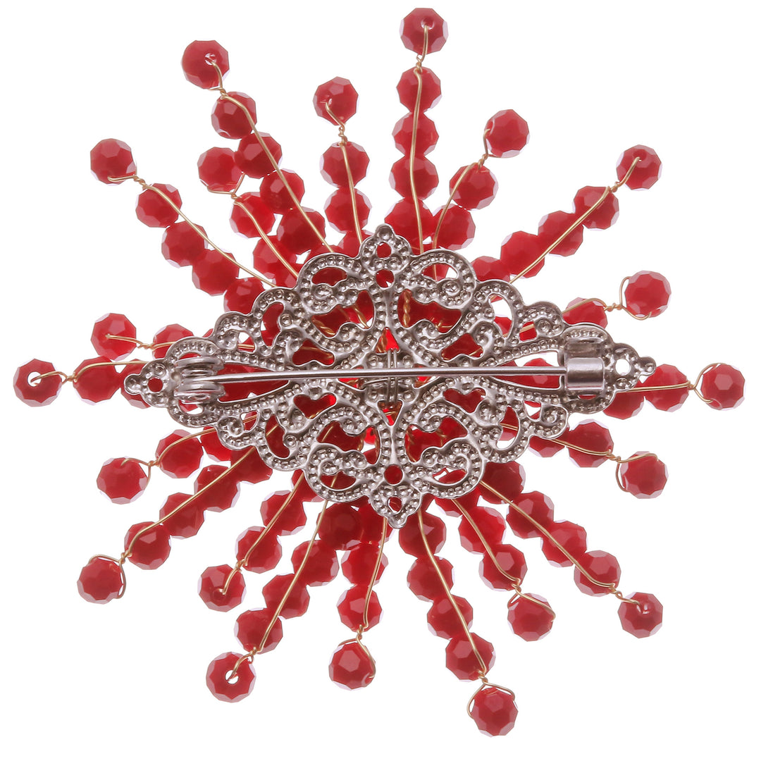 Star-Shaped Red Chalcedony and Glass Beaded Brooch - The Passionate Starlight