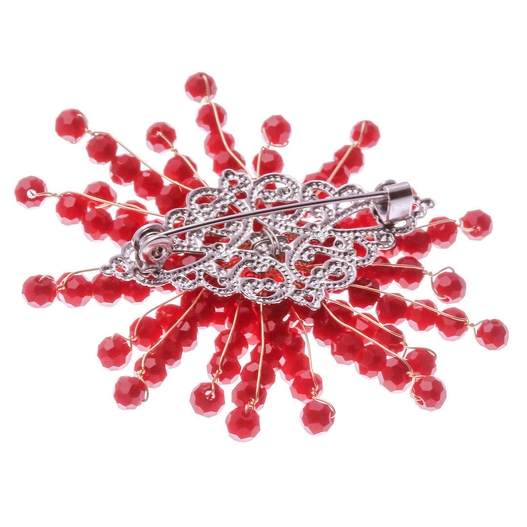 Star-Shaped Red Chalcedony and Glass Beaded Brooch - The Passionate Starlight