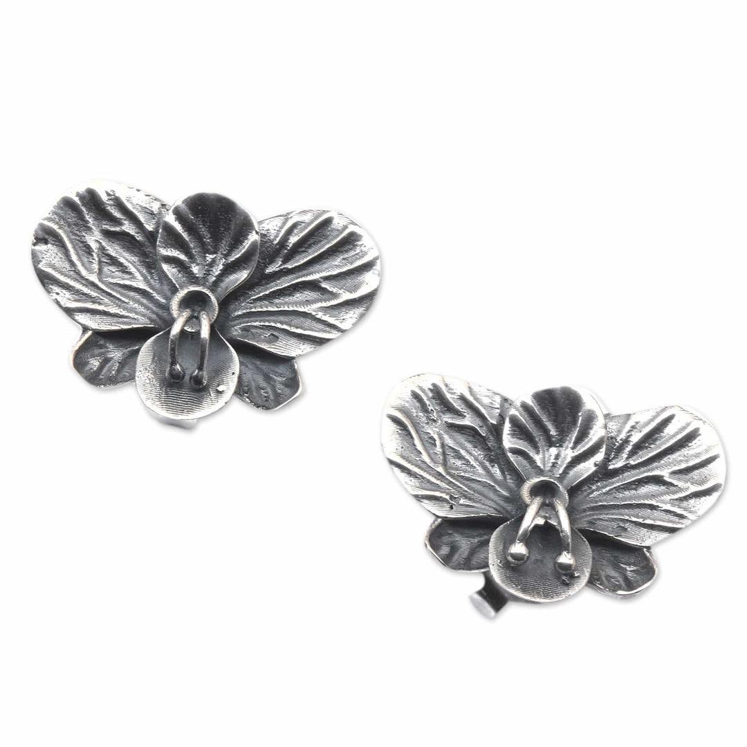 Oxidized Orchid-Shaped Sterling Silver Button Earrings - Ancient Orchids