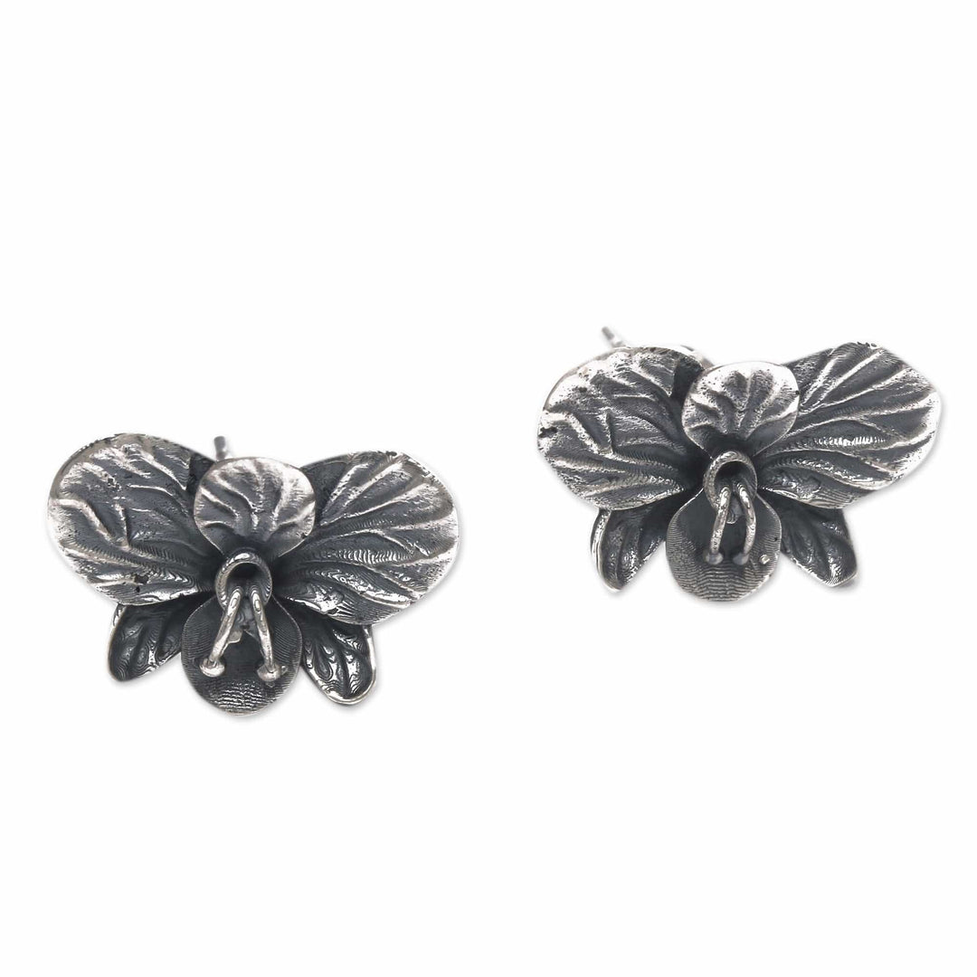 Oxidized Orchid-Shaped Sterling Silver Button Earrings - Ancient Orchids