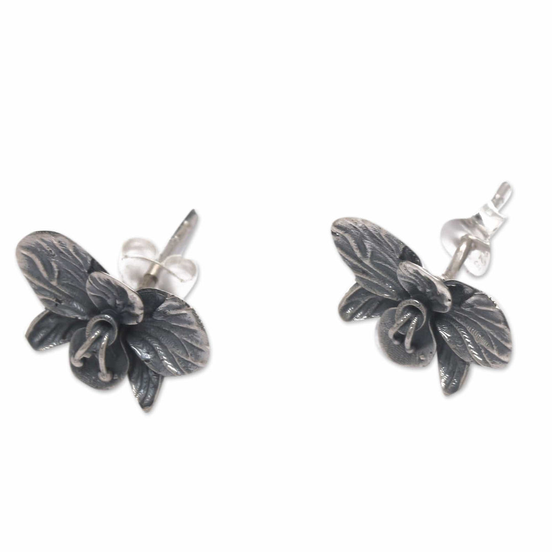Oxidized Orchid-Shaped Sterling Silver Button Earrings - Ancient Orchids