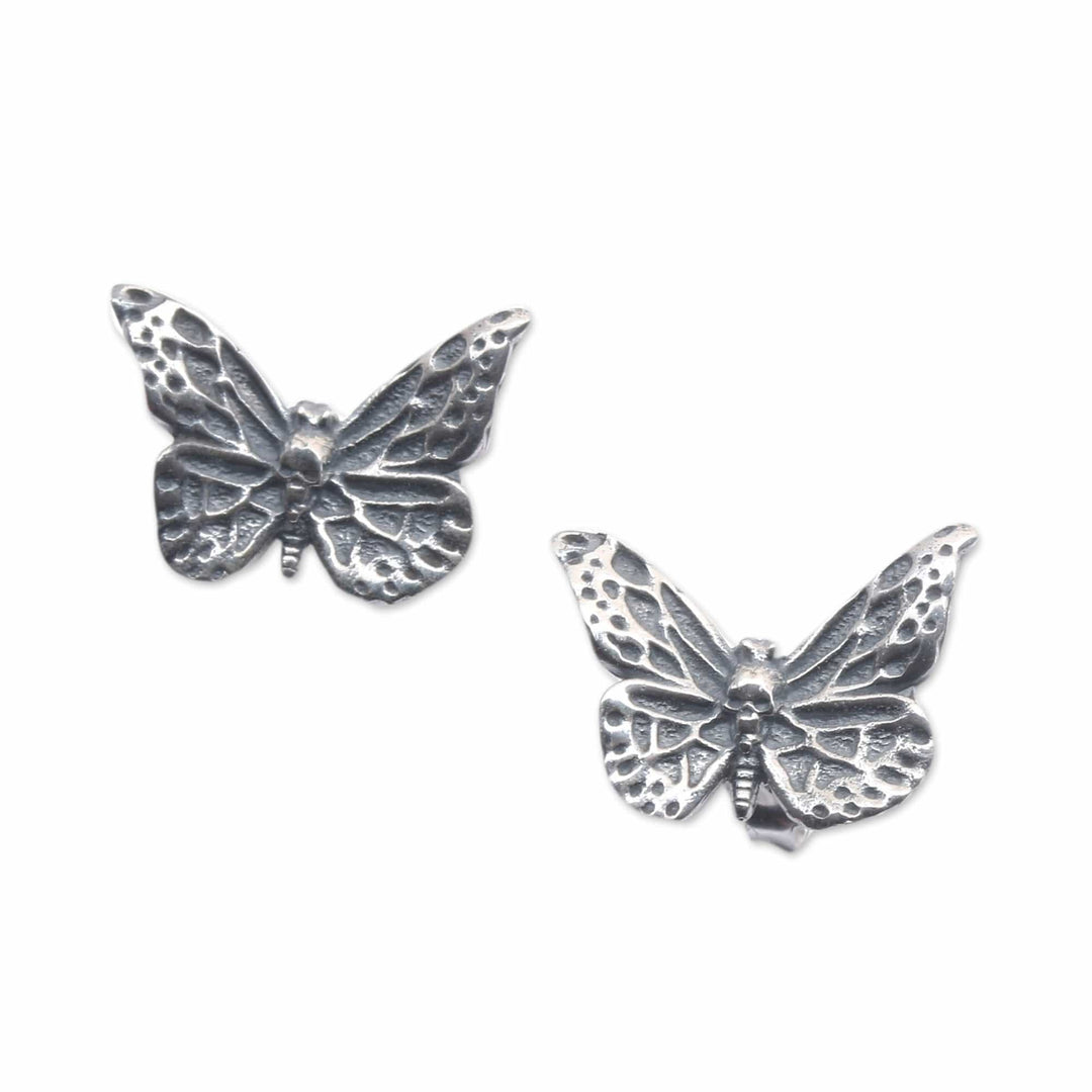 Oxidized Butterfly-Shaped Sterling Silver Button Earrings - Butterfly in Forest