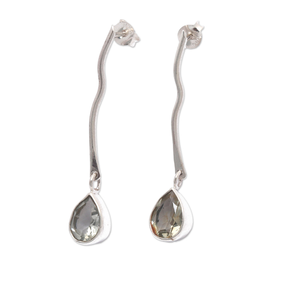 Sterling Silver Dangle Earrings with Prasiolite Gemstones - Wavy Radiance