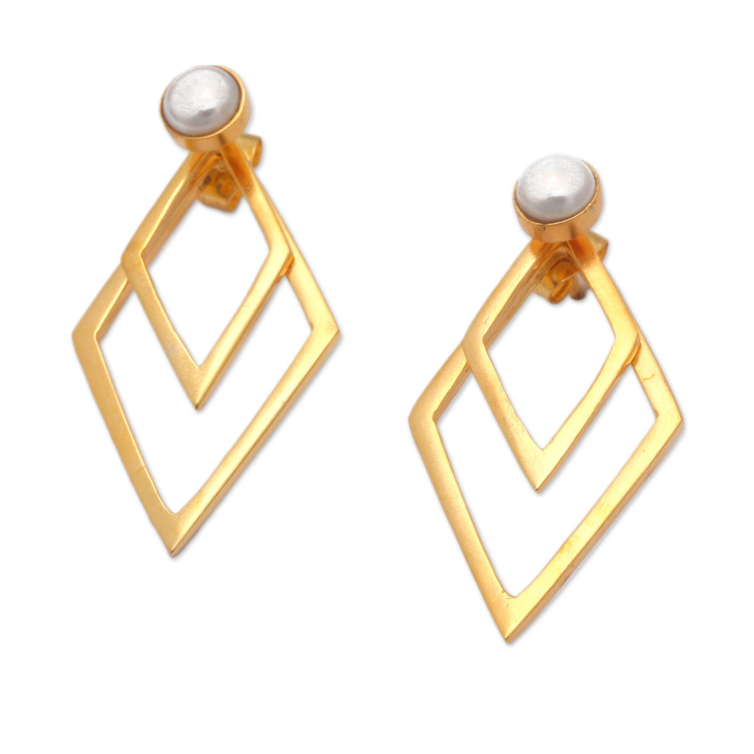 Geometric 18k Gold-Plated Silver-White Pearl Drop Earrings - Pearly Diamonds