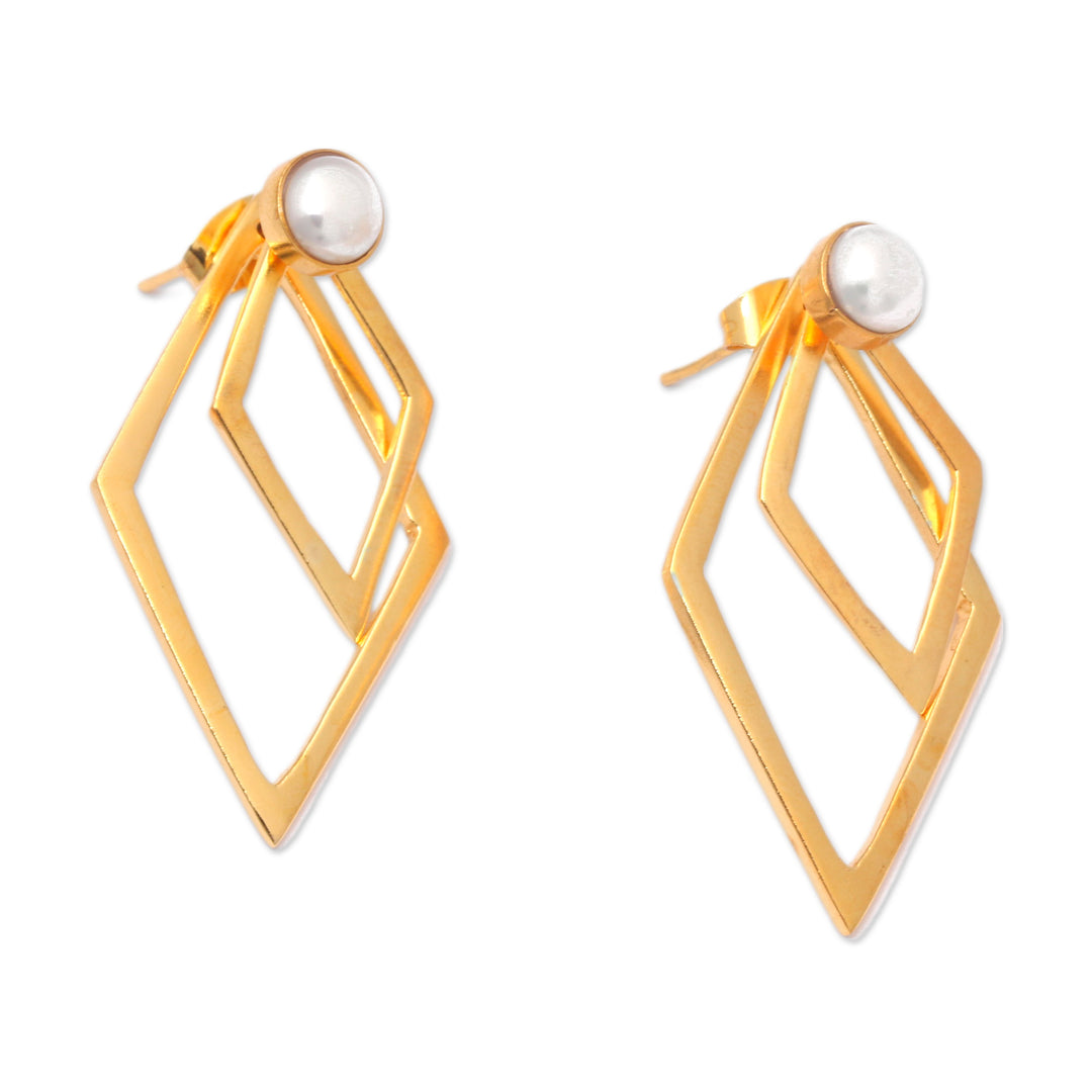 Geometric 18k Gold-Plated Silver-White Pearl Drop Earrings - Pearly Diamonds
