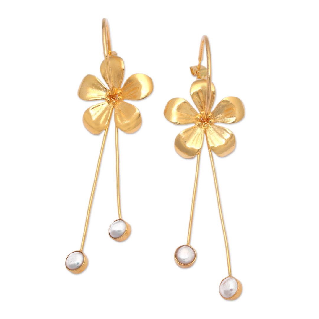 18k Gold-Plated Frangipani-Themed Pearl Drop Earrings - Pearly Blooms