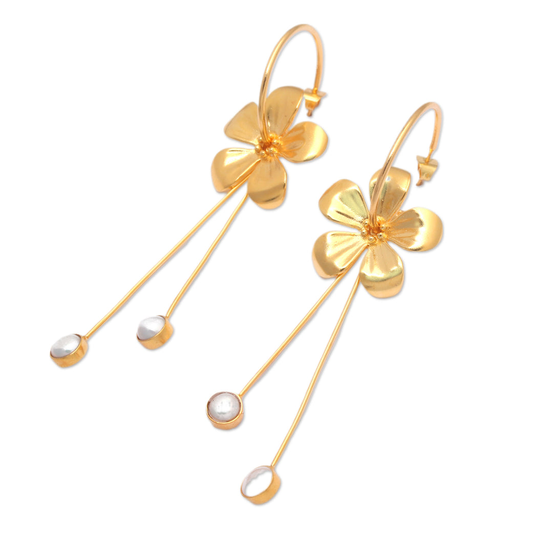 18k Gold-Plated Frangipani-Themed Pearl Drop Earrings - Pearly Blooms
