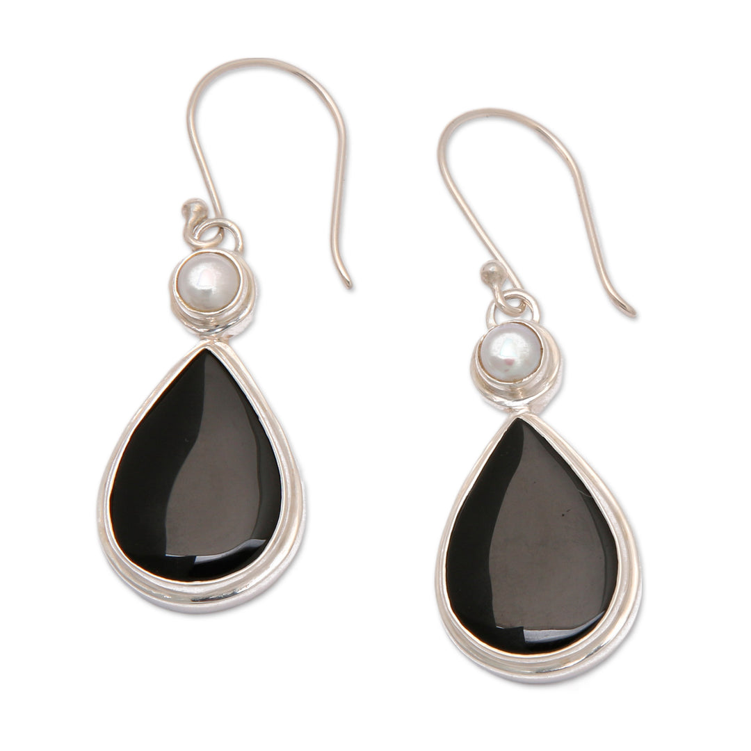 Sterling Silver Dangle Earrings with Onyx and Cultured Pearl - Light and Dark Drop