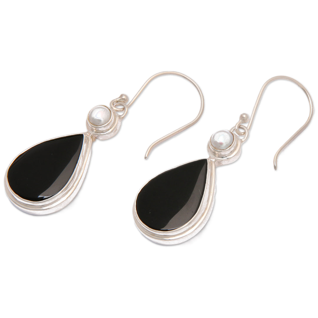 Sterling Silver Dangle Earrings with Onyx and Cultured Pearl - Light and Dark Drop