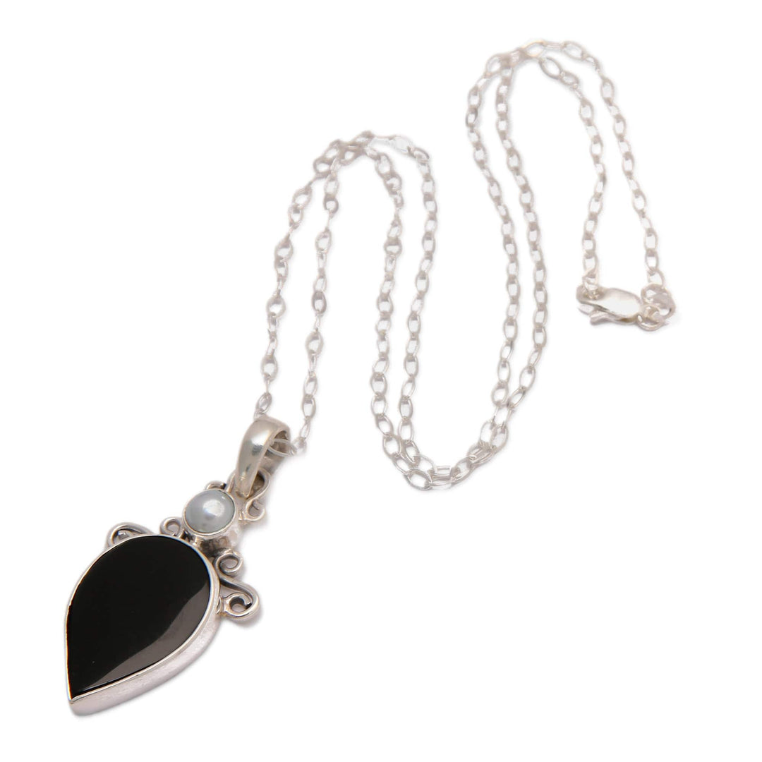 925 Silver Onyx & Cultured Pearl Pendant Necklace from Bali - Night and Day