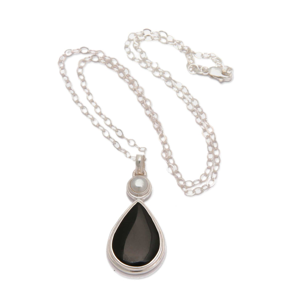 Sterling Silver Pendant Necklace with Onyx & Cultured Pearl - Light and Dark Drop