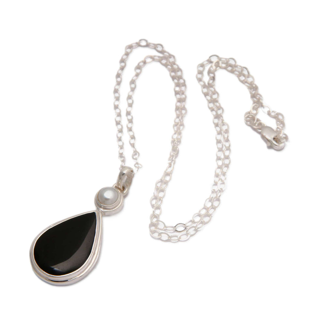 Sterling Silver Pendant Necklace with Onyx & Cultured Pearl - Light and Dark Drop