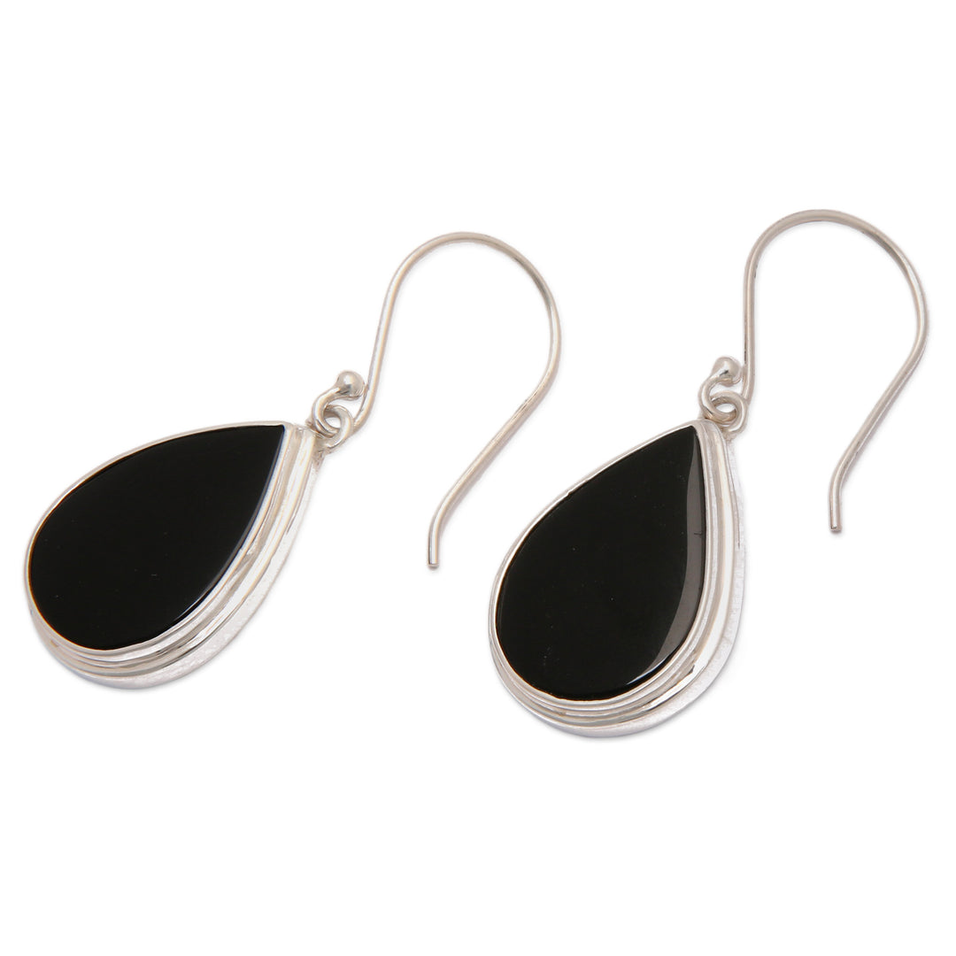 Sterling Silver Dangle Earrings with Drop-Shaped Onyx Stones - Sublime Night