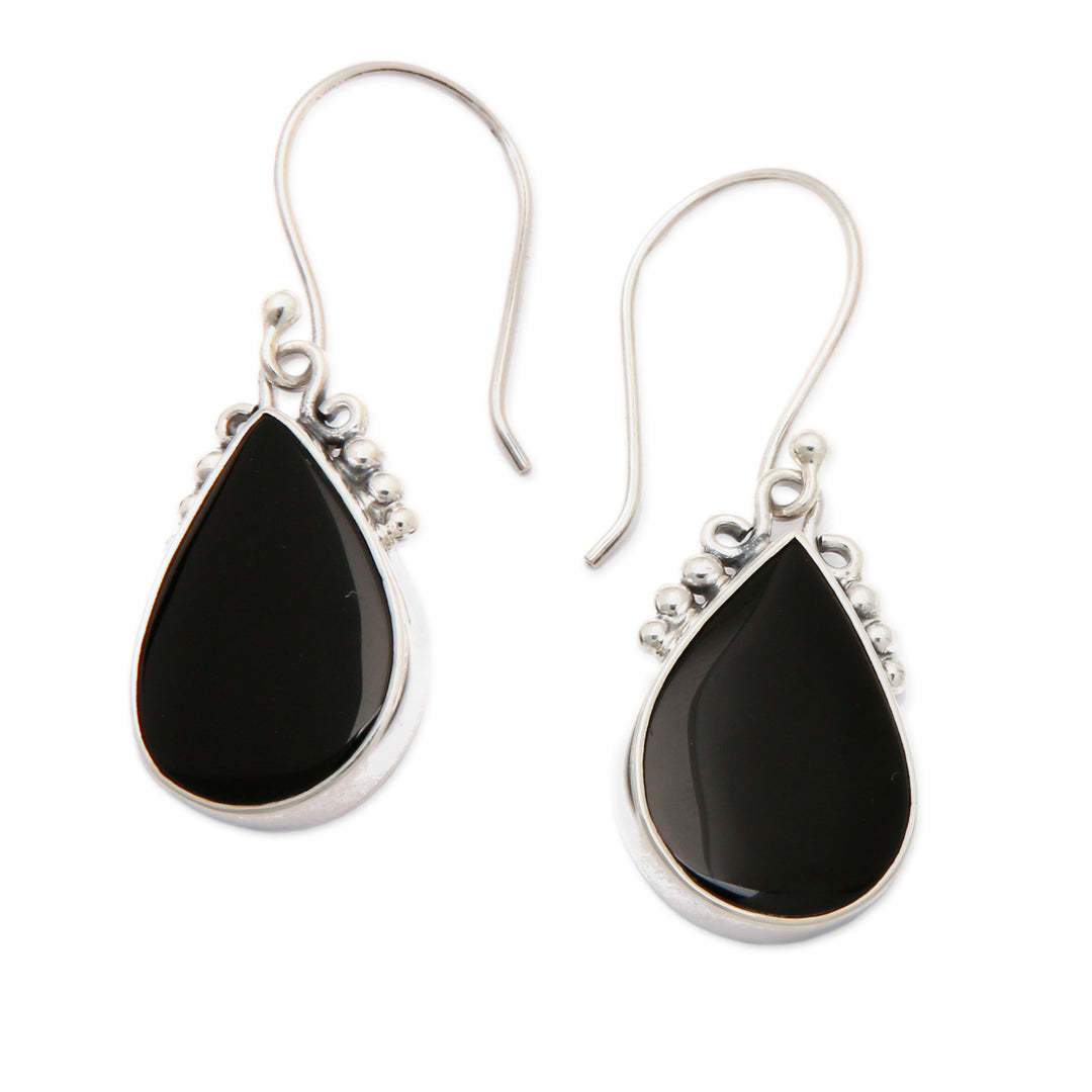 Sterling Silver Onyx Dangle Earrings with Dot Accents - Snowy Night