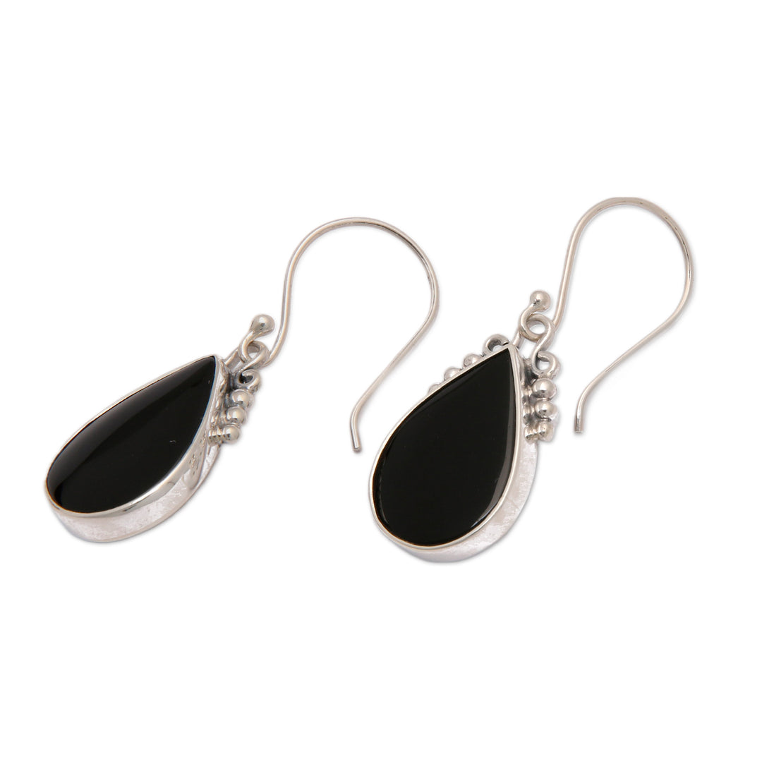 Sterling Silver Onyx Dangle Earrings with Dot Accents - Snowy Night