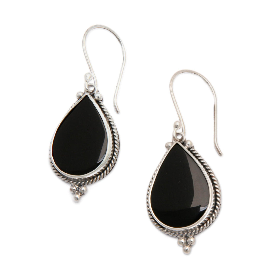 Sterling Silver Onyx Dangle Earrings with Torsade Accents - Tropical Night