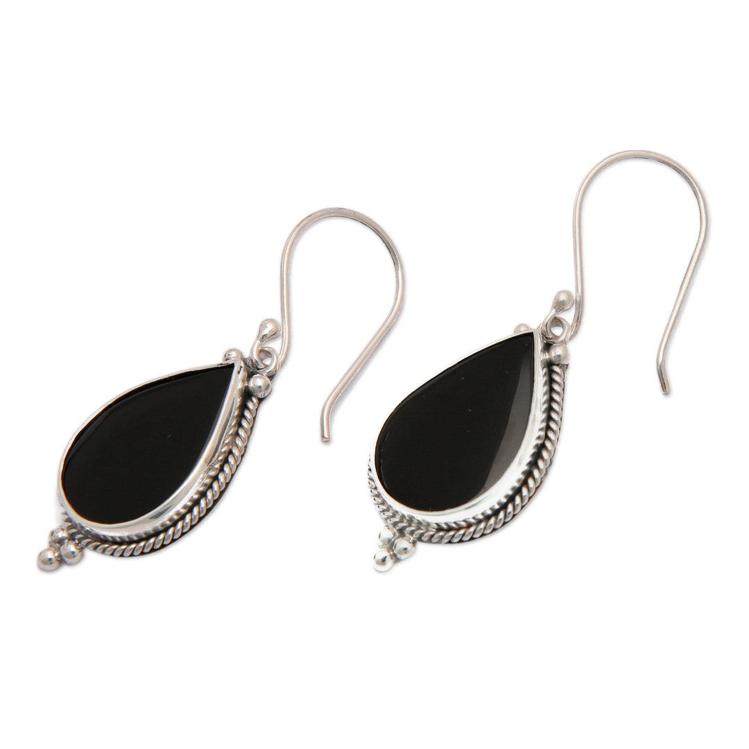 Sterling Silver Onyx Dangle Earrings with Torsade Accents - Tropical Night