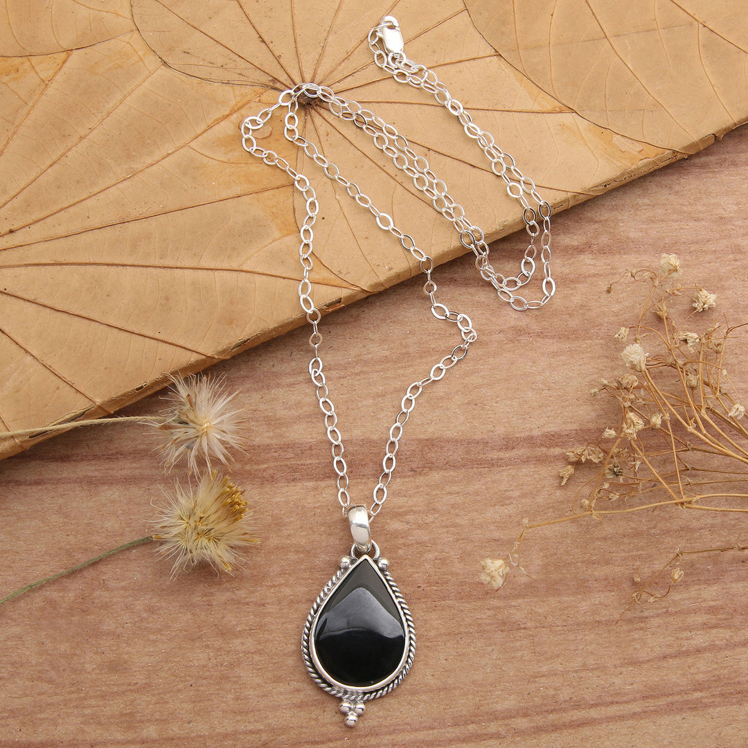 Sterling Silver Onyx Pendant Necklace with Torsade Accents - Tropical Night